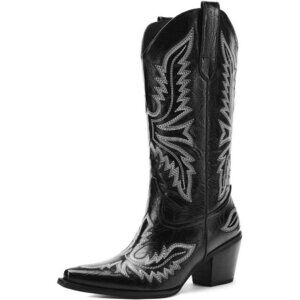 Boots for Women Western Mid-Calf Cowgirl Style Chunky Heel Embroidered Pattern